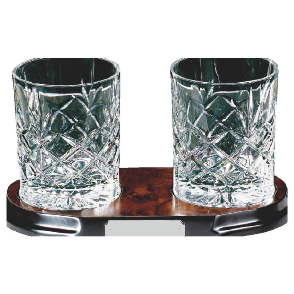 Two Full Cut Crystal Whisky Glasses on Wood Stand Two Full Cut Crystal Whisky Glasses on Wood Stand