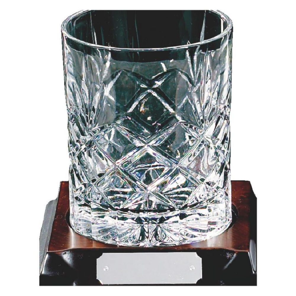 Single Full Cut Crystal Whisky Glass on Wood Stand Single Full Cut Crystal Whisky Glass on Wood Stand