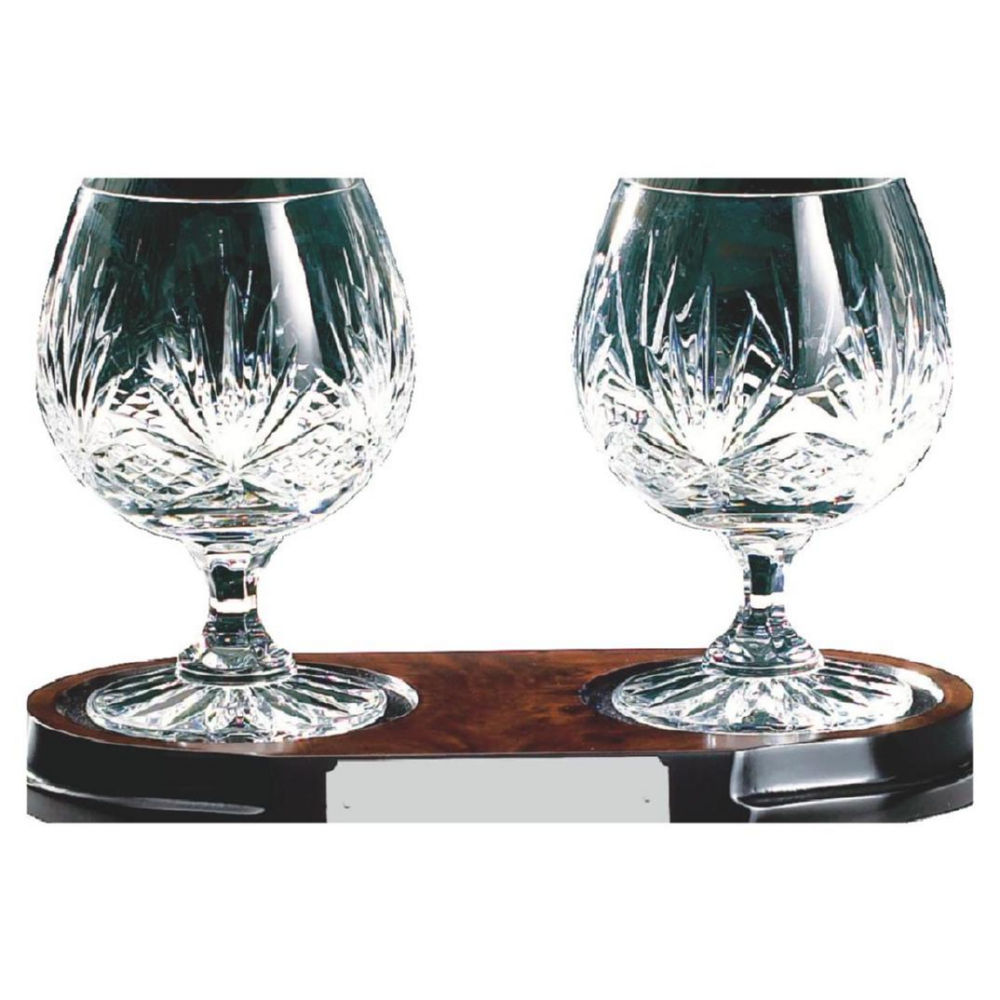 Pair of Cut Crystal Brandy Glasses on Burle Wood Stand Pair of Cut Crystal Brandy Glasses on Burle Wood Stand