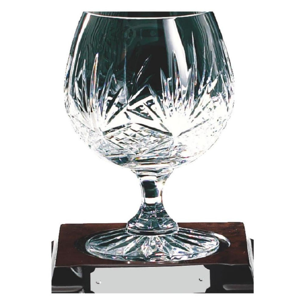 Single Cut Crystal Brandy Glass on Piano Finish Burle Wood Stand Single Cut Crystal Brandy Glass on Piano Finish Burle Wood Stand