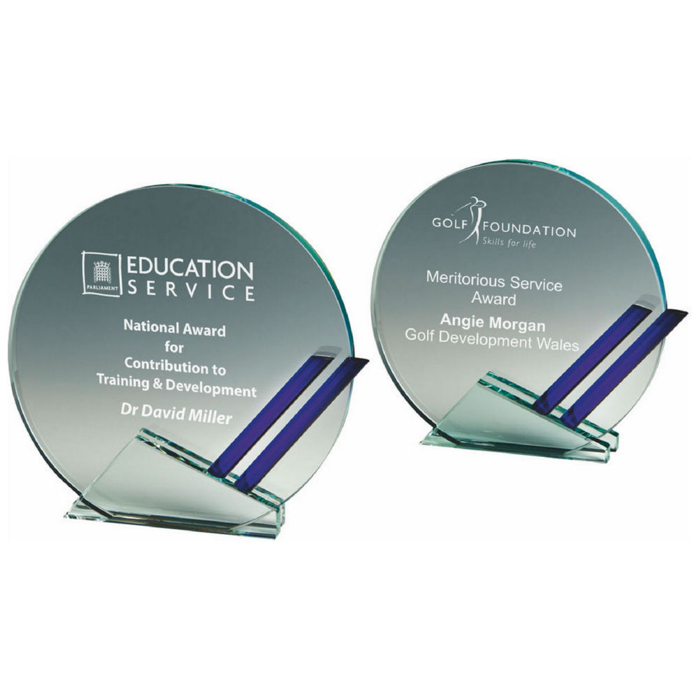 Clear Glass Round Stand with Blue Trim Clear Glass Round Stand with Blue Trim