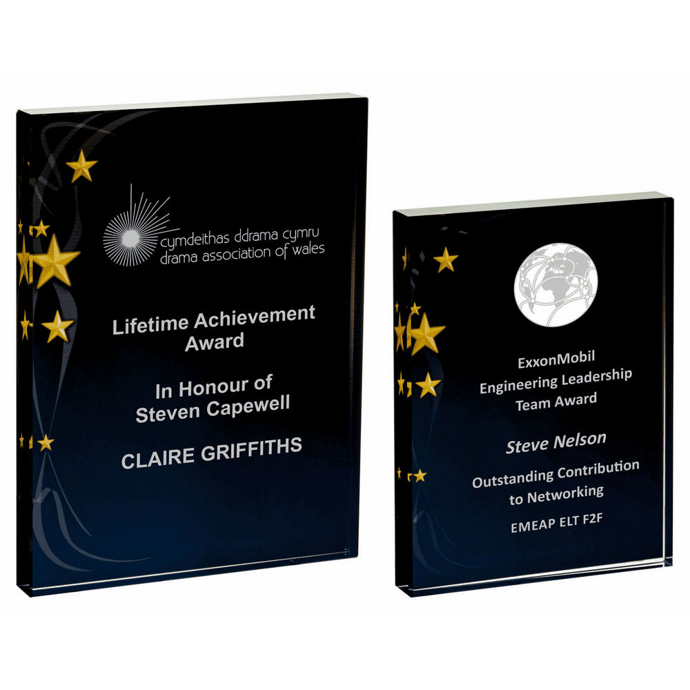 Rectangular Glass Award - Black Background with Gold Stars - Thickness 20mm Rectangular Glass Award - Black Background with Gold Stars - Thickness 20mm