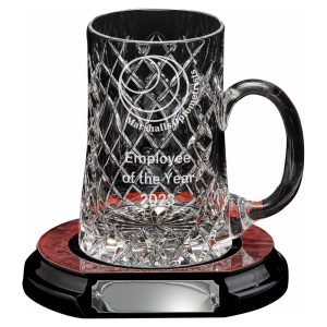 24% Lead Crystal 1 PT Tankard with Panel on Wood Base 24% Lead Crystal 1 PT Tankard with Panel on Wood Base