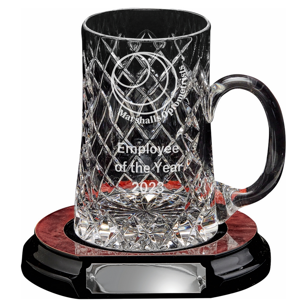 24% Lead Crystal 1 PT Tankard with Panel on Wood Base 24% Lead Crystal 1 PT Tankard with Panel on Wood Base