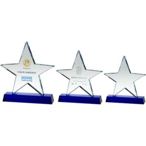 CLEAR GLASS STAR PLAQUE ON BLUE BASE (19mm THICK)