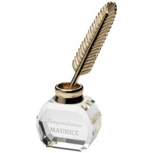 CLEAR GLASS INKWELL WITH METAL FEATHER QUILL CLEAR GLASS INKWELL WITH METAL FEATHER QUILL