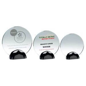 CLEAR GLASS ROUND PLAQUE (10mm THICK) IN GUN METAL BASE CLEAR GLASS ROUND PLAQUE (10mm THICK) IN GUN METAL BASE