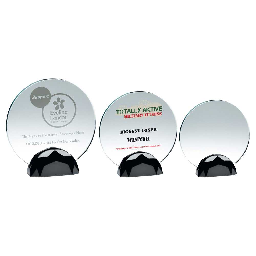 CLEAR GLASS ROUND PLAQUE (10mm THICK) IN GUN METAL BASE CLEAR GLASS ROUND PLAQUE (10mm THICK) IN GUN METAL BASE