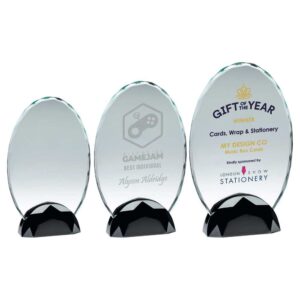 CLEAR GLASS OVAL PLAQUE (10mm THICK) IN GUN METAL BASE CLEAR GLASS OVAL PLAQUE (10mm THICK) IN GUN METAL BASE