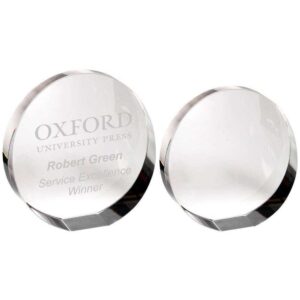 CLEAR GLASS ROUND WEDGED PAPERWEIGHT (FLAT OR STANDING)