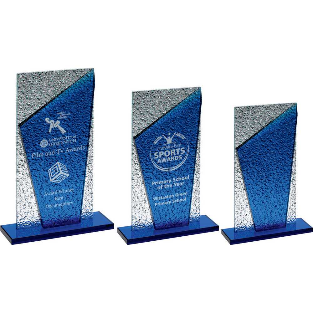 BLUE GLASS PLAQUE AND BASE WITH CLEAR FROSTED BACKDROP BLUE GLASS PLAQUE AND BASE WITH CLEAR FROSTED BACKDROP