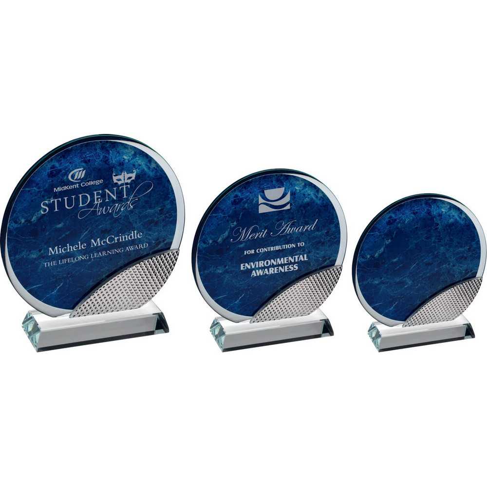 BLUE MARBLE BACKED CLEAR GLASS CIRCLE WITH SILVER DETAIL BLUE MARBLE BACKED CLEAR GLASS CIRCLE WITH SILVER DETAIL