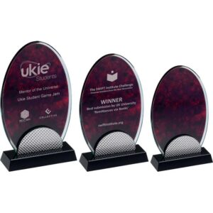 RED MARBLE BACKED CLEAR GLASS OVAL WITH SILVER DETAIL AND BLACK BASE RED MARBLE BACKED CLEAR GLASS OVAL WITH SILVER DETAIL AND BLACK BASE