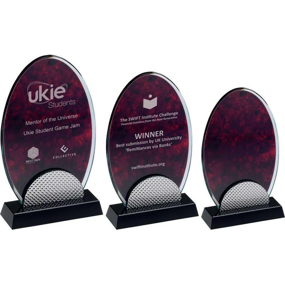 RED MARBLE BACKED CLEAR GLASS OVAL WITH SILVER DETAIL AND BLACK BASE RED MARBLE BACKED CLEAR GLASS OVAL WITH SILVER DETAIL AND BLACK BASE