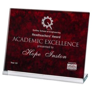 RED MARBLE BACKED CLEAR GLASS LANDSCAPE PLAQUE RED MARBLE BACKED CLEAR GLASS LANDSCAPE PLAQUE