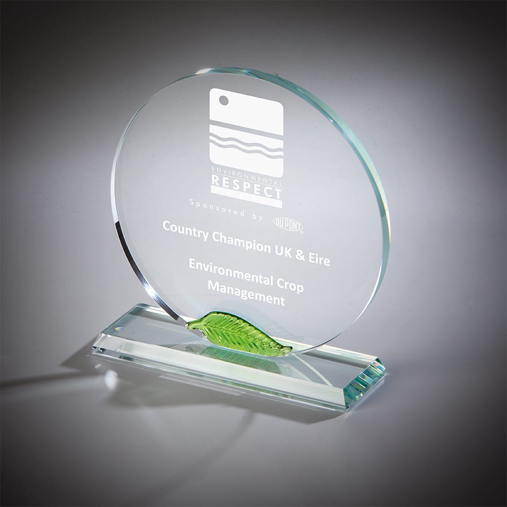 Clear Glass Award with Green Leaf Clear Glass Award with Green Leaf